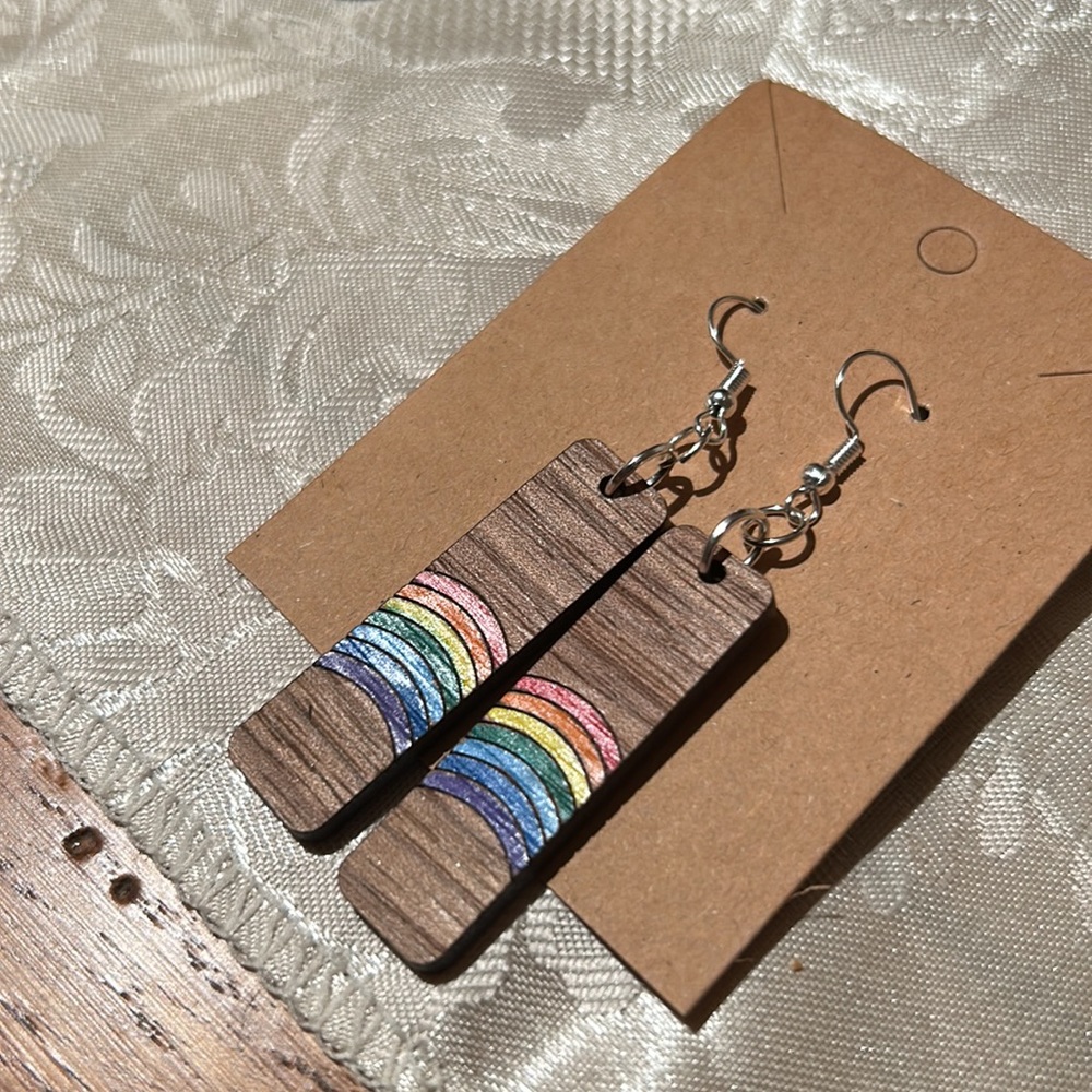 Handmade Wooden Rainbow Boho Dangle Earrings Hand Painted & Engraved Y2K Summer - Picture 8 of 9